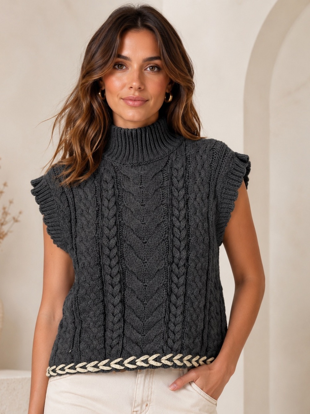 Polagram Oversized Charcoal Cable-Knit Sleeveless Turtleneck Sweater
